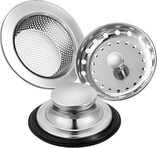 RQYEKDO 3-Pack Kitchen Sink Drain Strainer Stopper Set, Universal Anti-Clogging Stainless Steel Garbage Disposal Plug with Handle, Perforated Basket Filter Sieve for Standard 3.5" Drains (Silver)