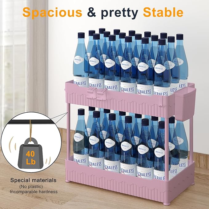 Sevenblue 2 Pack Under Sink Organizer, Under Bathroom Cabinet Organizer with Hooks Hanging Cup, Multi-Purpose Storage Shelf for Kitchen Bathroom (Pink, XL)
