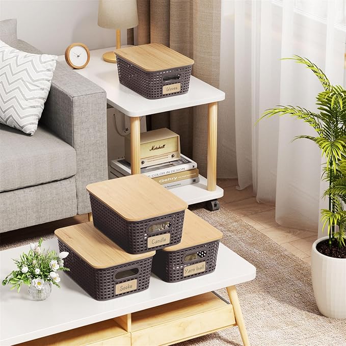 Plastic Storage Bins with Bamboo Lid - Pantry Storage Baskets with Lid - Stackable Container with Lable for Organizing: Small Storage Box for Shelves Office Cabinet Drawer Closet 9x7x4 In - White 6Pcs