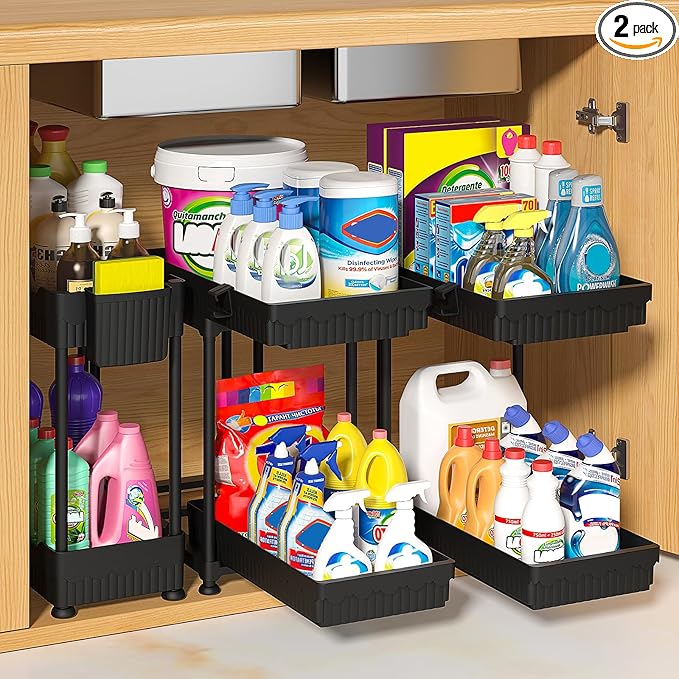 3 Pack Under Sink Organizer, 2 Tier Slide Out Bathroom Cabinet Organizer, Multi-Purpose Storage Shelf for Kitchen, Black, 12.8Inch