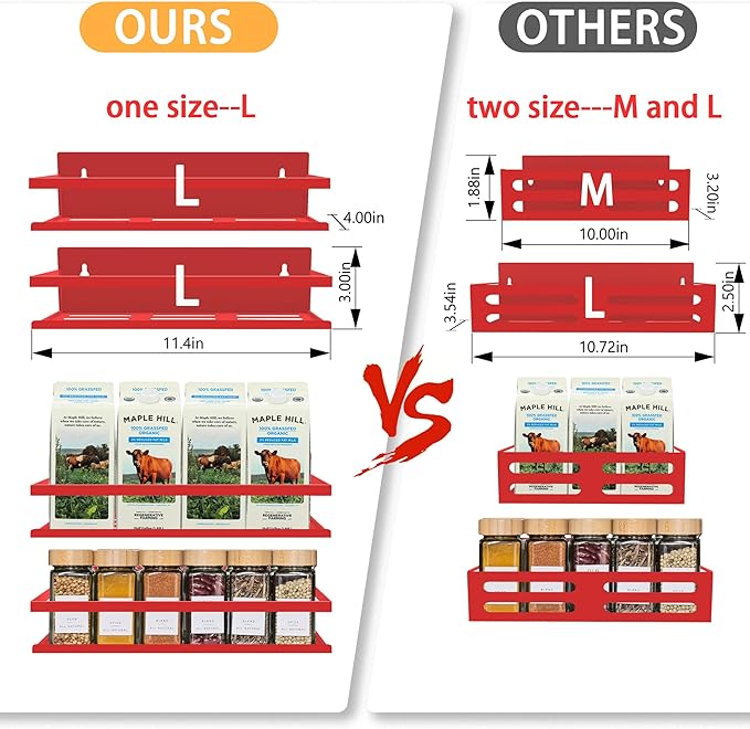 SMRCAD Magnetic Spice Rack for Refrigerator Seasoning Organizer for Spice Fridge Shelf storage Magnetic Shelf with Hook for Oven (4pack-Cut out-Red)