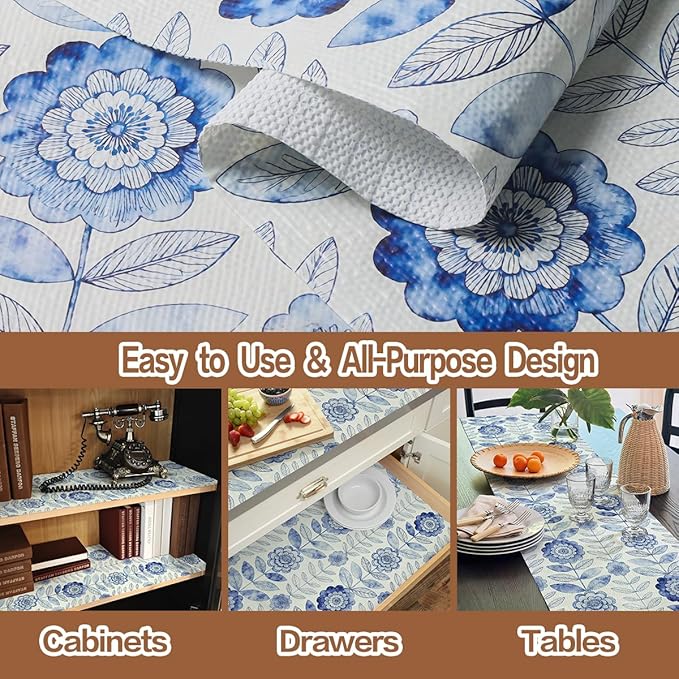 Vuacepe Drawer and Shelf Liner for Kitchen Cabinets Non-Adhesive Strong Grip Floral Shelf Liner Non-Slip Waterproof Blue Flower Drawer Liner for Cupboard Shelves Easy to Clean Cabinet Liner 16IN×10FT