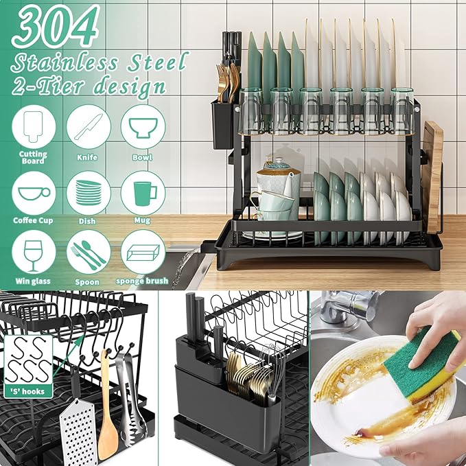 Dish Drying Rack, 2 Tier Large Dish Drying Rack for Kitchen Counter with Drainboard Stainless Steel Dish Drainer for Dish/Knifes/Cup/Cutting Board, Black