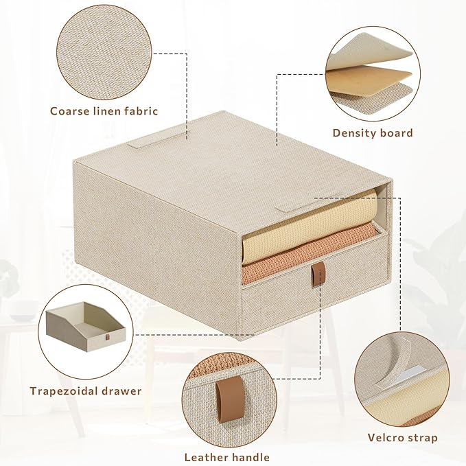 4-Pack Storage Bins with Drawers Large Closet Organizers and Storage Stackable Fabric Clothes Storage Box Collapsible Closet Drawers Organizer for Bedroom Living Room Under Bed (Beige, 21L*4)
