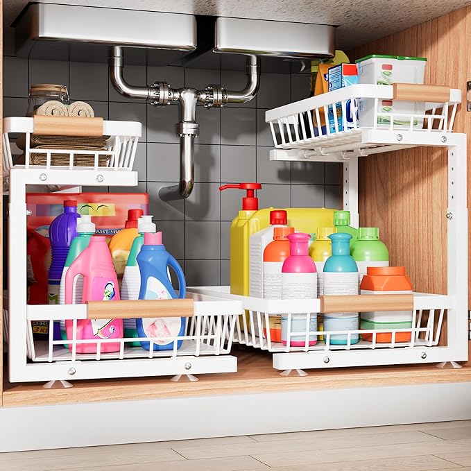 Under Sink Organizer, 2 Pack 2 Tier Under Sink Organizers and Storage, Slide Out Pull Out Cabinet Organizer Shelf, Height Adjustable Metal Drawer for Kitchen Bathroom Closet Organization Rack White
