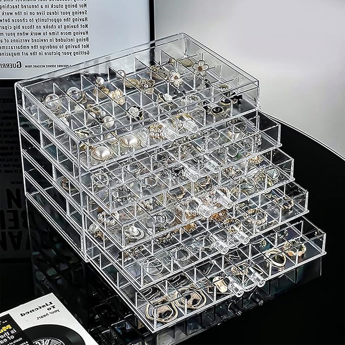 yarlung Acrylic Jewelry Storage Box Earring Holder with 5 Drawers, 120 Grids Jewelry Organizer Tray Clear Ring Display Case for Beads, Nail Tips, Women Girls, Birthday Gift