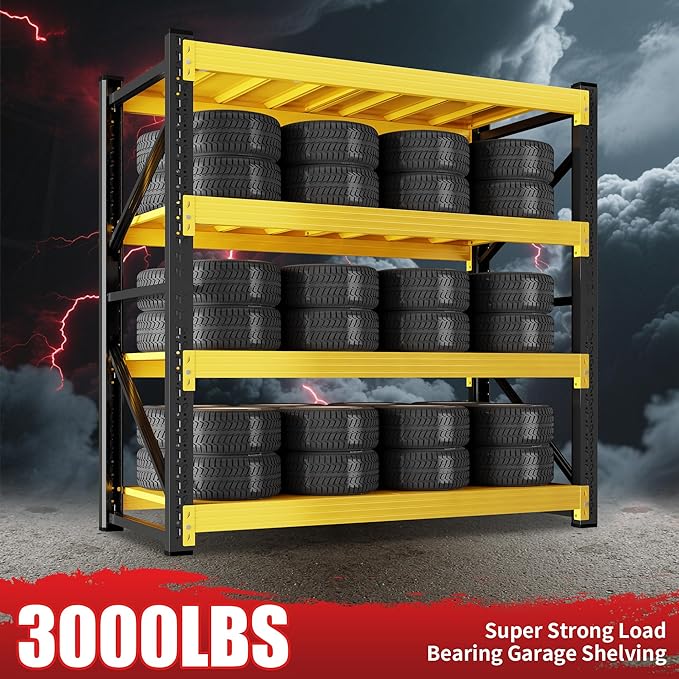 48" W Garage Shelving 3000LBS Garage Shelving Heavy Duty 4-Tier Metal Storage Shelves Adjustable Shelf Unit Storage Rack for Basement Supermarket Warehouse 48" W x 20" D x 78" H Yellow