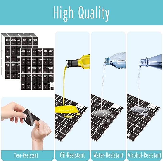 432 Removable Spice Labels, 396 Pre-Printed Herb Seed Seasoning Sauce Oil Vinegar Stickers, 36 Blank Ones, Waterproof Oil&Tear Resistant, No Residue for Kitchen Pantry Containers Jars(White on Black)