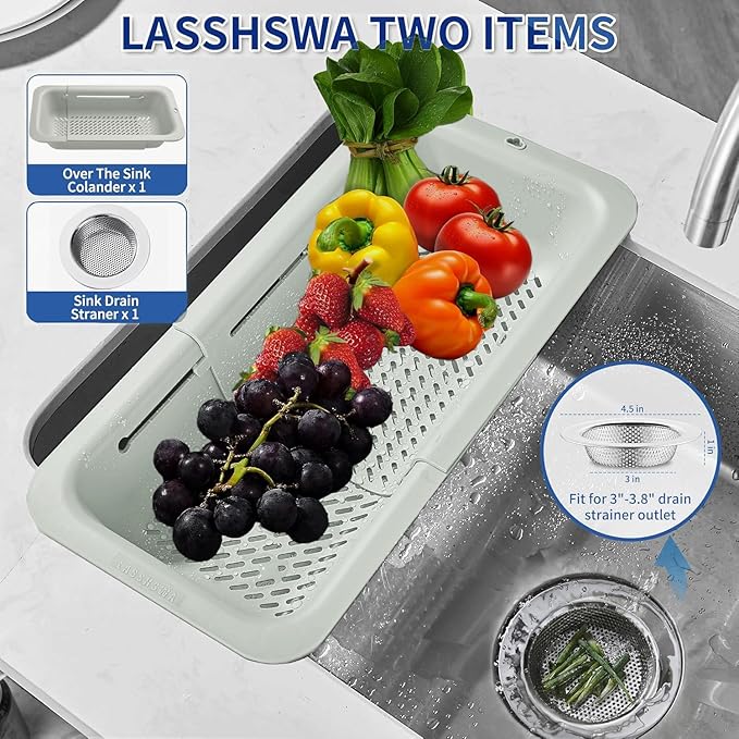 LASSHSWA Collapsible Colander and Strainer for Kitchen, Over the Sink Strainer Basket for Kitchen, Fruit Pasta Food Strainer Expandable Plastic Colander (Light Gray)