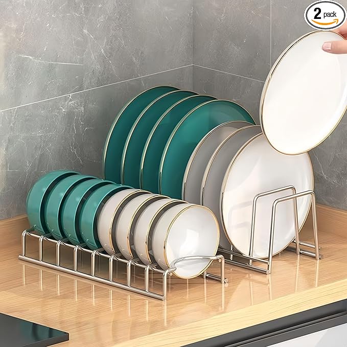 Dish Rack Plates Holder 2 Pack set, Plate organizer for cabinet space saver, Pan lid organizer, Kitchen Storage Cabinet Organizer for Plates/bowls/cups/lids/cutting boards/spatulas