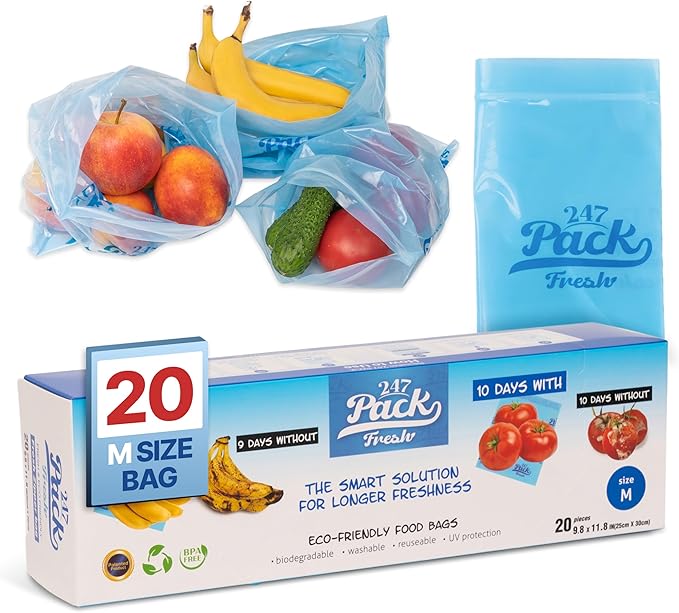 Freshpack 247 Food Bags – Tear-Off Bags on a Roll, Reusable, Ethylene Absorption Helps Keep Food Fresh up to 3× Longer – Biodegradable, BPA-Free, UV-Shielded, SGS Tested (Medium)