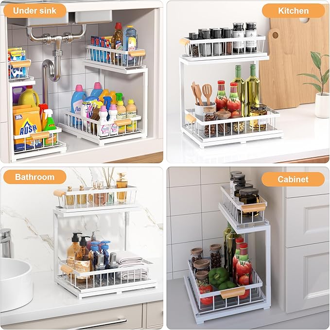 Under Sink Organizer, Pull Out Cabinet Organizer 2 Tier Slide Out Sink Shelf Cabinet Storage Shelves,Kitchen & Bathroom Organizers,Metal (White, 1 Pack-14.6 * 10.6 * 16.5in)