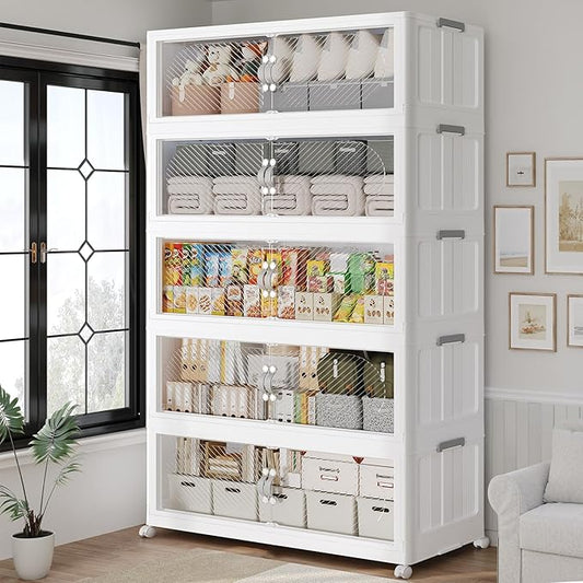 600QT Extra Large Stackable Storage Bins with Lid, 150Gal Plastic Closet Organizers and Storage Drawer, Collapsible Cabinet Box with Wheels Clear Doors for Home Kitchen Office, 5Pack White