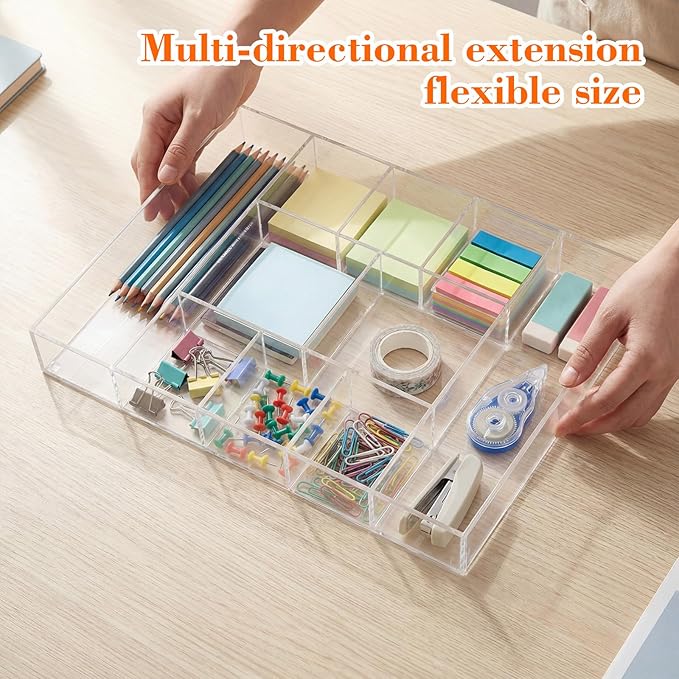 Clear Acrylic Desk Drawer Organizer Storage Tray Organizer for Pens, Stationery, Desktop, Office, Bathroom, Kitchen, Makeup Supplies(10 Compartments)