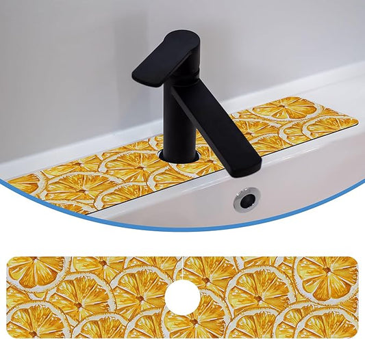 Yellow Fruit Lemon Faucet Mat Splash Guard Yellow Fruit Lemon, Soft Diatom Mud Material, Strong Water Absorption, Non-slip,Easy to Clean for Bathroom, Kitchen 23.5"X5.5"