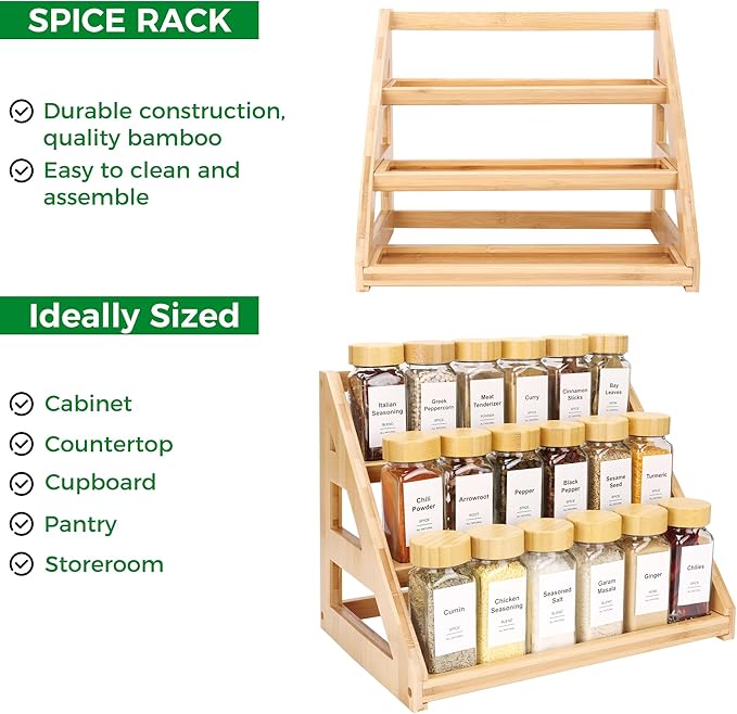Bamboo 3 Tier Spice racks, Kitchen Seasoning Spices Rack, Suitable for Spice Organizers Such as Sitchen Countertops, Stoves, Sorage Rooms (S)