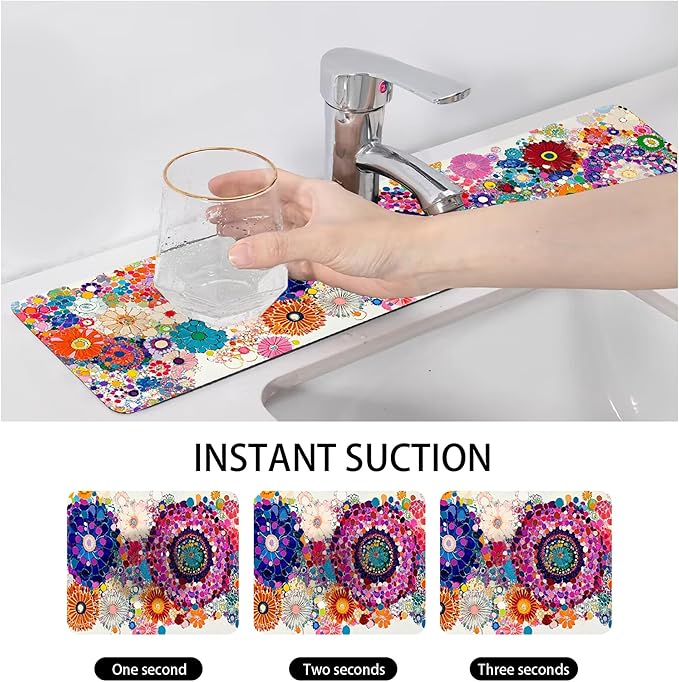 Bimkole 2 PCS Faucet Absorbent Mat, Kitchen Faucet Sink Splash Guard Wraparound Cloth Pads Drip Catcher for Sink Faucet for Kitchen Bathroom Faucet, Colorful Faucet Mat, 15 x 4 Inch Flower A3