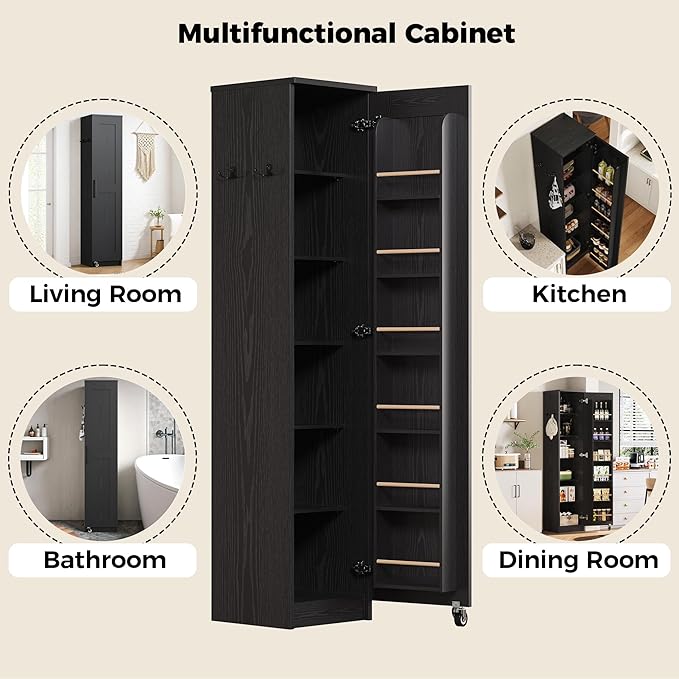 IRONCK Narrow Kitchen Pantry Storage Cabinet, 72" Slim Single Door with 6 Adjustable Shelves, Door Rack and Wheels, Space Saving Freestanding Storage Floor Cabinet for Small Place, Black