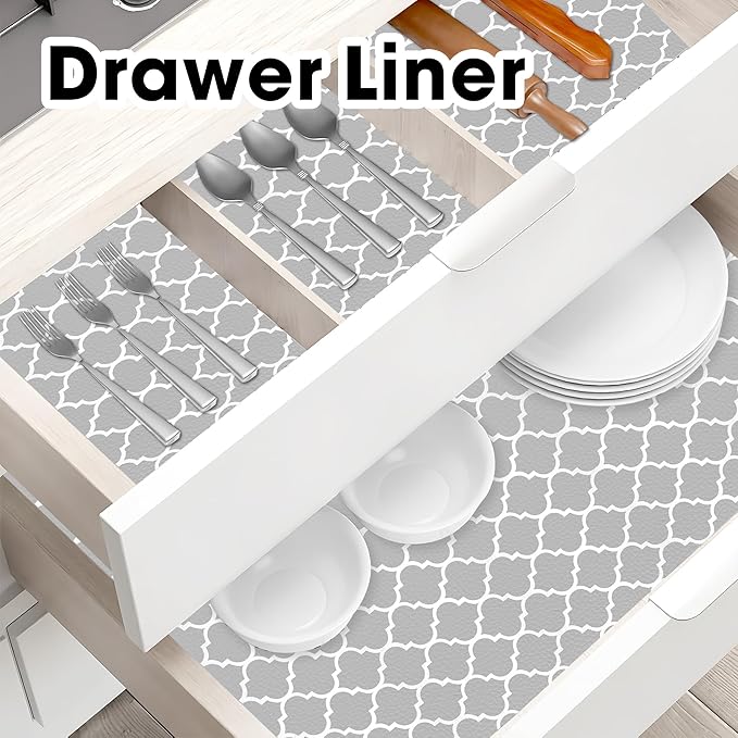 Gopas Drawer and Shelf Liner for Kitchen Cabinets Non-Adhesive, Non-Slip Cabinet Liner Shelf Paper Strong Grip Waterproof Easy to Clean for Kitchen Shelves Cupboard, Gray Lantern,17.5IN X 10FT