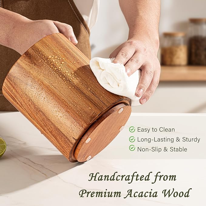 Criusia Utensil Holder 2 Pack, 360° Rotating Acacia Wood Cooking Utensil Crocks for Kitchen Counter, Farmhouse & Modern Decor, (1 Large,1 Small)