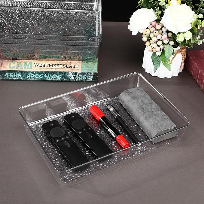 12 Pcs Plastic Drawer Organizer Trays, 12" x 8", Acrylic Organizers with Pebble-textured Clear Desk Storage Tray for Makeup, Jewelries, Kitchen Utensils, Bathroom and Office