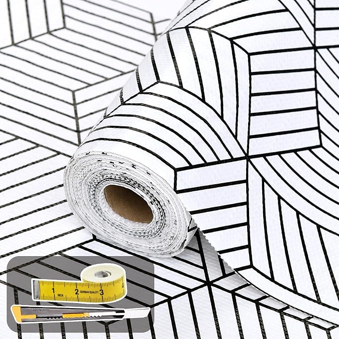 Shelf Liners for Kitchen Cabinets Non Adhesive Shelf Liner Paper Non-Slip Thickened Drawer Liner Easy to Clean for Tool Box Refrigerator with Knife and Tape Measure, Black Geometric, 11.8 x 236.2 in