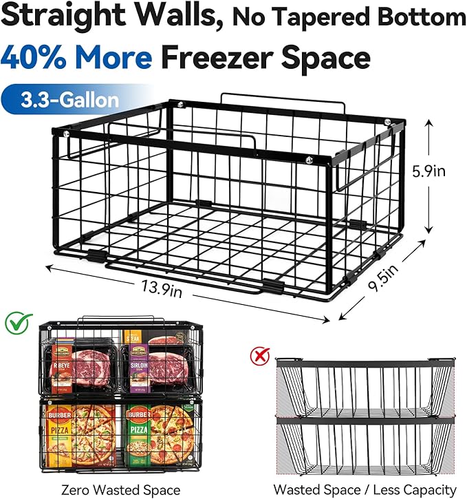 Reinforced Freezer Organizer Bins, 2 Pack Large Stackable Upright Chest Deep Freezer Storage Containers, Black Wire Foldable Baskets with Handles, More Space, Easy Access (V-2 Packs-2)