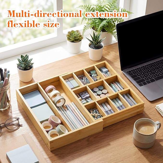 1 Pcs Bamboo Desk Drawer Organizer Wood 2 Inch Height Expandable Drawer Organizer Trays with 8 Adjustable Compartments Desk Accessories for Makeup Silverware Office Bathroom(Natural)