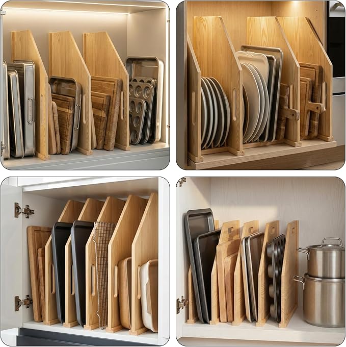 6 Pack Wood Tray Dividers for Cabinet, Cookie Sheet Organizer for Cabinets, Baking Sheet Organizer, No-Cut Kitchen Cabinet Dividers, Cookie Trays for Kitchen, Pantry Storage (12, Pounds)