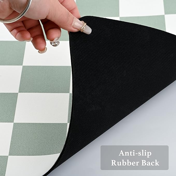 Checkered Dish Drying Mat for Kitchen Counter, Coffee Bar Station Accessories, Retro Cute Aesthetic Modern Absorbent Drainer Mat Kitchen Drying Mat Easy Clean, Sage 12" x 19"