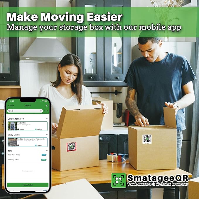 Smatagee QR Code Labels for Storage Bins,Office Organization,Moving Containers,Inventory Organizer | Pack and Track on iOS,Android App| 60 Unique Color Coded Stickers(2.6"x2.6")
