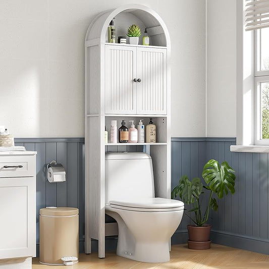 White Over The Toilet Storage Cabinet with Fluted Doors, 4 Tier Small Bathroom Shelf Organizer, Arched Bathroom Cabinet with Adjustable Shelf, Slim Narrow Toilet Rack, Wood, Anti-Tipping Device