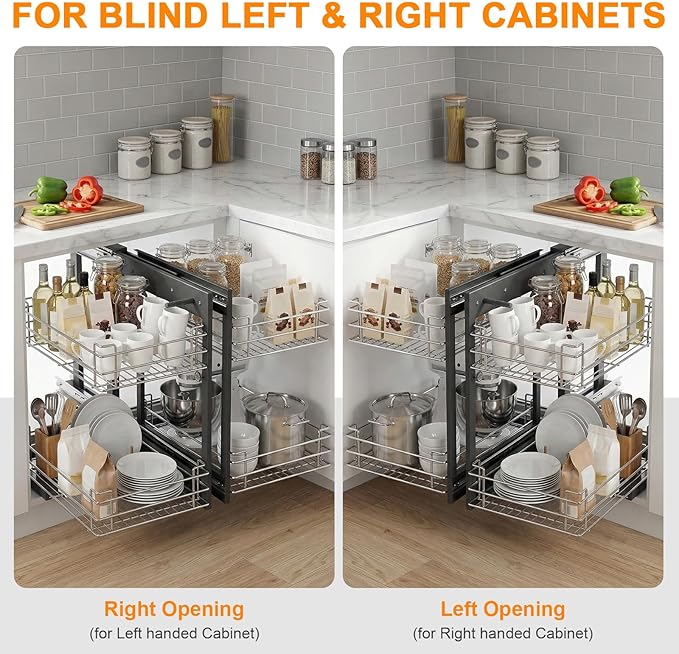 Left & Right Blind Corner Cabinet Organizer 2 Tier Wire Bottom Storage Basket 4 Shelves Conseal Corner Pull Out Shelf for Bowls Dishes Seasoning Bottle