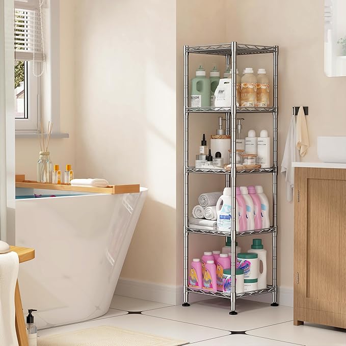 Set of 2 Metal Shelving-5 Tier Storage Shelves:AdjustableShelving and Units Standing Shelving Storage Rack Narrow Shelf for Kitchen Pantry Closet Office 12''Wx12''Dx49''H Chrome