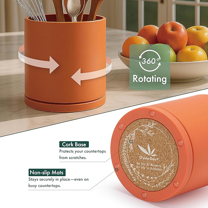 D'vine Dev 360° Rotating Utensil Holder – 5" Kitchen Utensil Crock for Countertop, Modern Cooking Tool Organizer for Kitchen Storage & Décor, Set of 2, Pumpkin, 72-Y-E-1