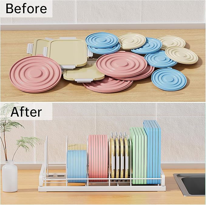 Food Container Lid Organizer for Cabinet,with 6 Adjustable Dividers Detachable,Metal Pot Lid Organizer Rack Storage Plastic Lids Pots Bakeware for Cabinets, Cupboards,Pantry, Drawers (White)