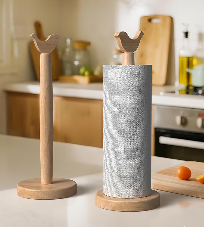 KitchLife Cute Wooden Paper Towel Holder Countertop - Solid Freestanding Paper Towel Dispenser Stand Organizer with Anti-Skid Base (Bird)