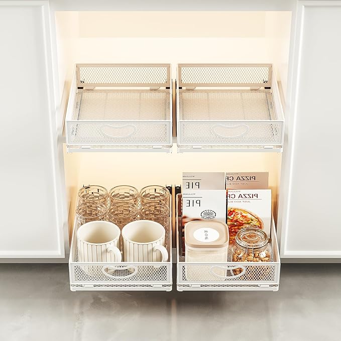 2 Pack Pull Out Cabinet Drawer,Metal Mesh Slide Out Shelves Organizer,Frameless Cabinets Suitable,Simple Housewares Pull Out Cabinet Sliding Basket (11.8" D*9.6" W*3.9" H)