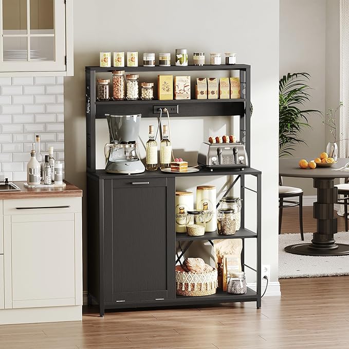 HOOBRO Bakers Rack with Power Outlet, Microwave Stand with Trash Can Bin Cabinet, 5-Tier Kitchen Storage Shelf Cabinet, Tall Coffee Bar Table Station for Dining Room, Living Room, Black BB50UHB01