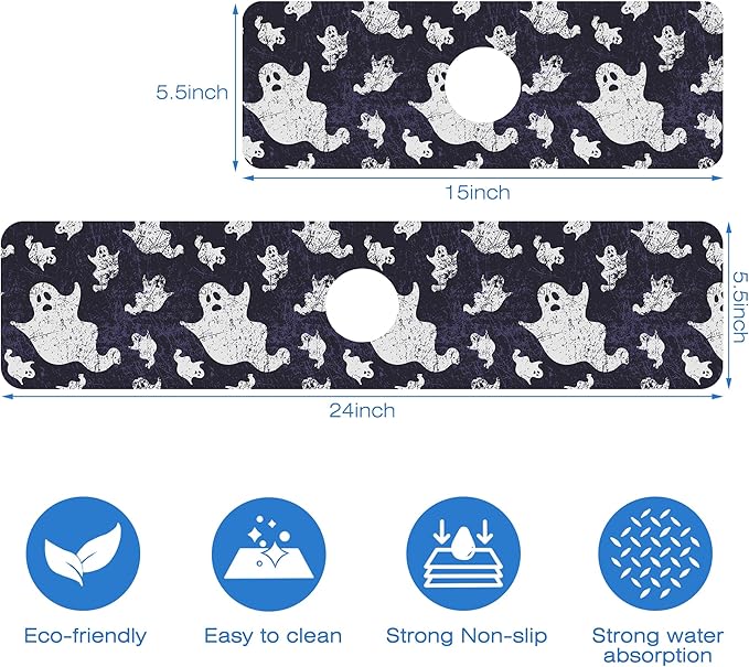Halloween Vintage Ghost Dish Drying Mat for Kitchen Sink Splash Guard Behind Faucet Sink Mat Absorbent Fast Drying Faucet Draining Mat for Bathroom Kitchen 5.5"×24"