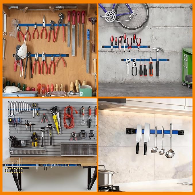 24" Magnetic Tool Holder Strip, 4 Pieces Blue Metal Tool Organizer Rack with Stainless Steel Surface, Magnet Bar for Garage Workshop, Easy To Install with Mounting Screws