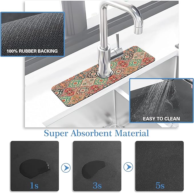 Faucet Mat Splash Guard Boho Rug, Soft Diatom Mud Material, Strong Water Absorption, Non-slip,Easy to Clean for Bathroom, Kitchen 15"X5.5"