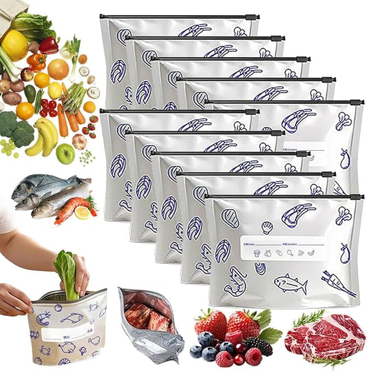 Reusable Aluminum Foil Sealable Storage Bags, 2026 New Resealable Vacuum Zipper Pouches for Food, Thicken Stand Up Foil Freezer Bags with Label & Zip Lock for Vegetable Fruit Meat (M*10)