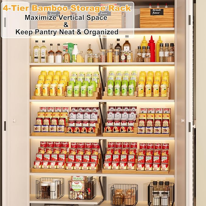 Expandable Bamboo Can Storage Rack, 4 Tier Adjustable Can Organizer for Pantry Holds Up to 32 Cans, Soda Can Dispenser, Canned Food Storage Display Shelf for Cabinet & Countertop (Patent Pending)