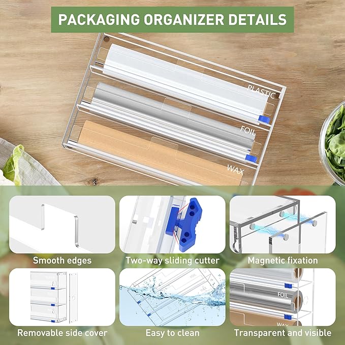 Foil and Plastic Wrap Organizer, 3 in 1 Kitchen Wrap Dispenser, Drawer Aluminum Foil Organization and Storage, Wall-Mounted Holder