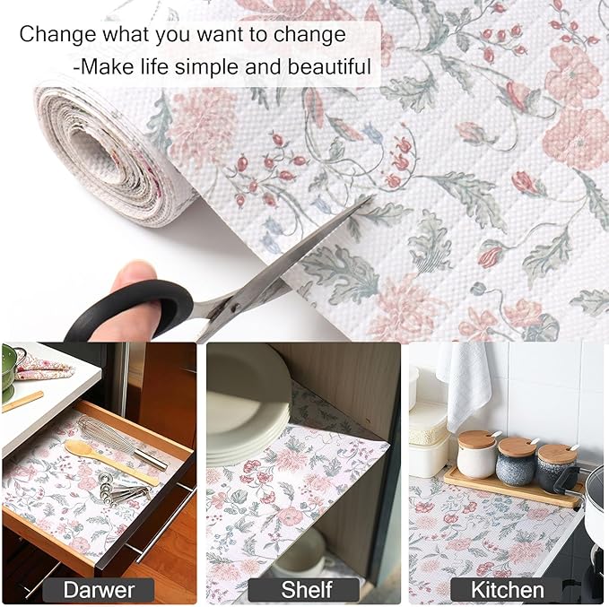 Amiitay Floral Drawer and Shelf Liner for Cabinets, 12IN x 20FT Non-Adhesive and Strong Non-Slip Shelf Cabinet Drawer Liners for Kitchen, Table,Bookshelves,Waterproof Cupboard Liners,Easy to Clean