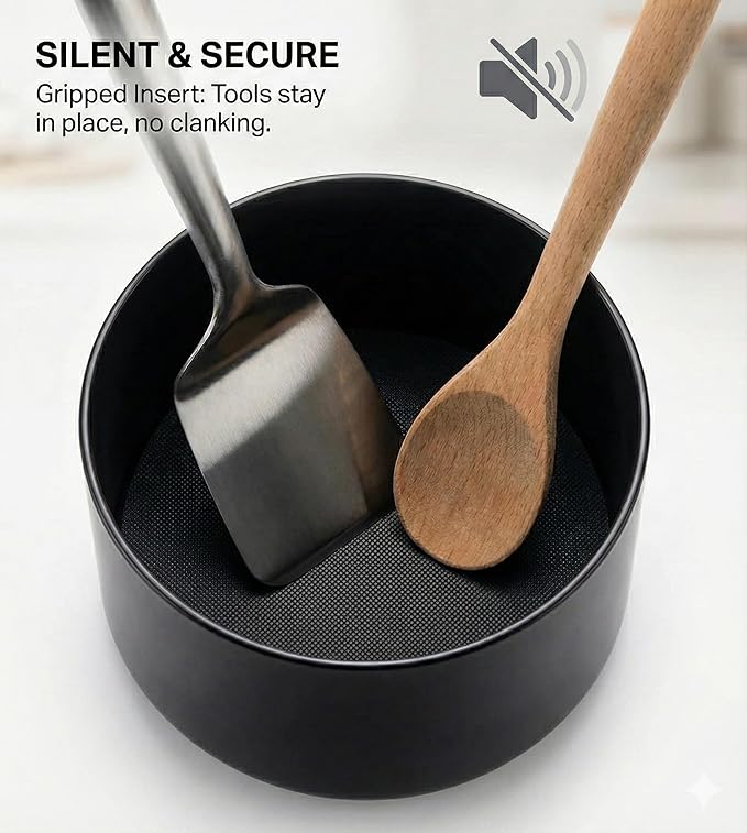 Cooler Kitchen Jumbo Extra Large Sturdy Rotating Black Utensil Holder Caddy with No-Tip Weighted Base, and Gripped Insert - Rust Proof and Dishwasher Safe Kitchen Utensils Holder