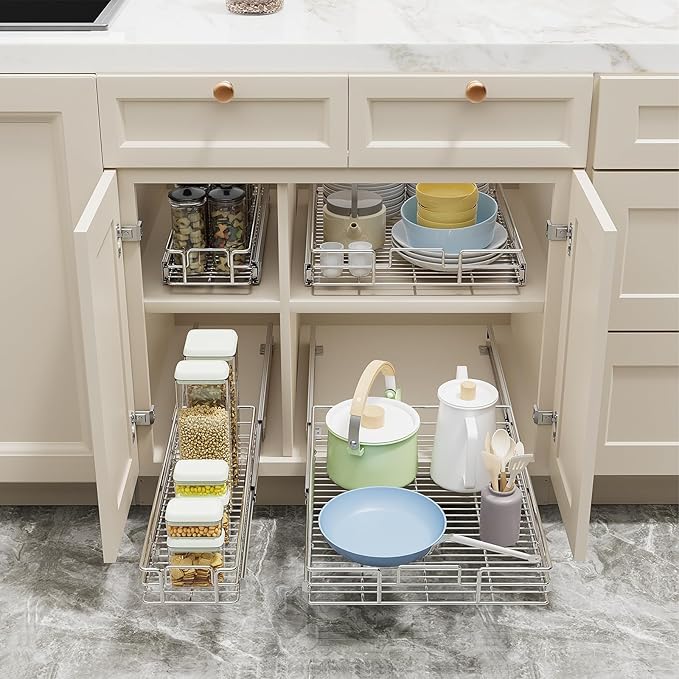 ROOMTEC Pull Out Cabinet Organizer(14"W x 18"D),Heavy Duty Slide Out Shelves,Pull out Drawers for Kitchen Cabinet,Base Cabinet Organization for Home, Kitchen, Bathroom