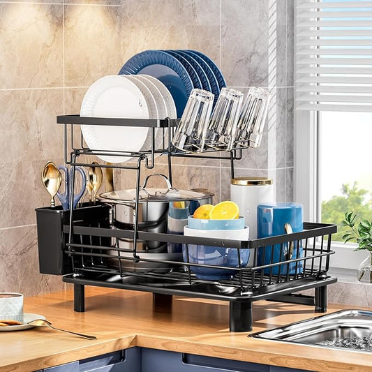 2 Tiers Dish Drying Rack, Space-Saving Dish Racks for Kitchen Counter, Dish Drainer Drying Rack with Drainboard, Utensil Holder Cups Holder Plate Rack and Automatic Drainage Drainboard, Black