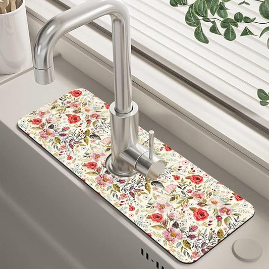 Abstract Red Pink Floral Dish Drying Mat for Kitchen Sink Splash Guard Behind Faucet Sink Mat Absorbent Fast Drying Faucet Draining Mat for Bathroom Kitchen 5.5"×15"